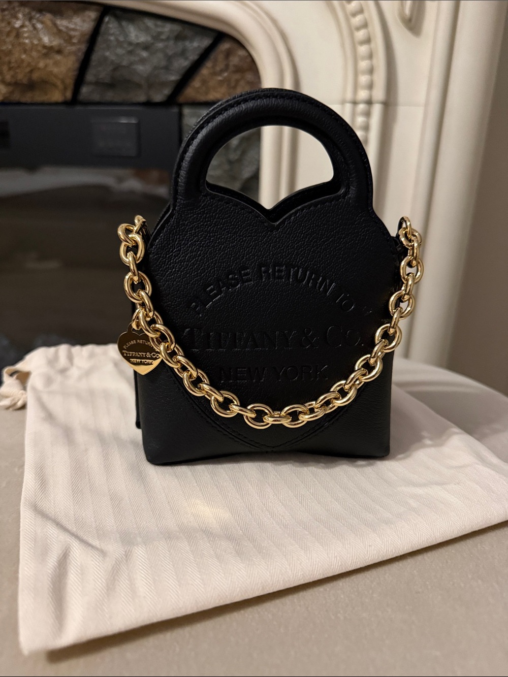 Tiffany & Co. Black Mini Leather Tote with Gold Chain Heart Charm